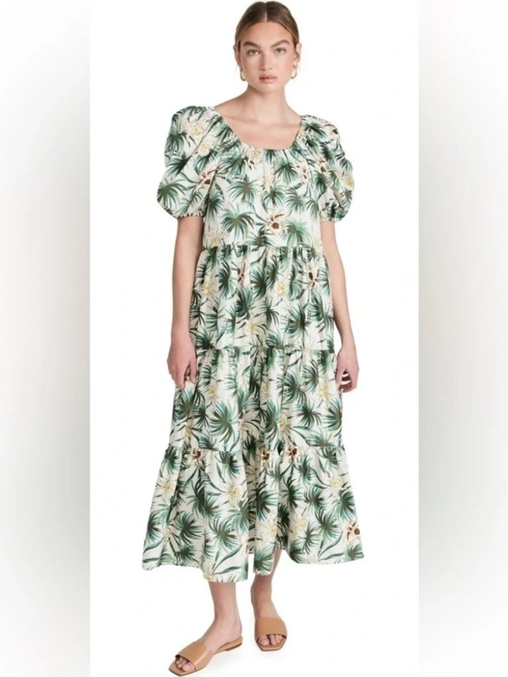 Mikoh Green Floral Puff Sleeve Maxi Dress